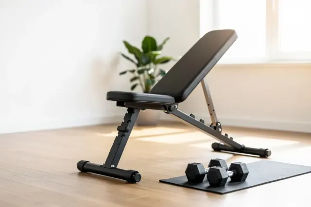 Verstellbare Hantelbank mit schräg gestellter Rückenlehne und zwei Kurzhanteln in einem hellen Homegym