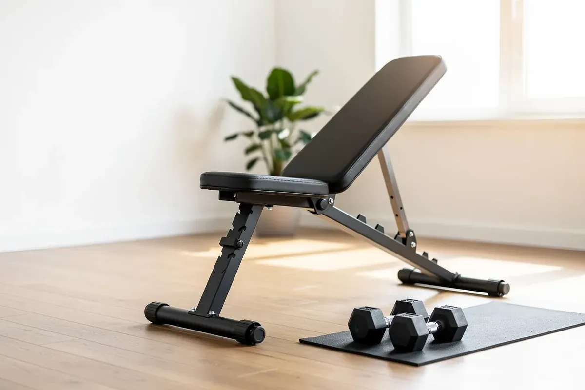 Verstellbare Hantelbank mit schräg gestellter Rückenlehne und zwei Kurzhanteln in einem hellen Homegym