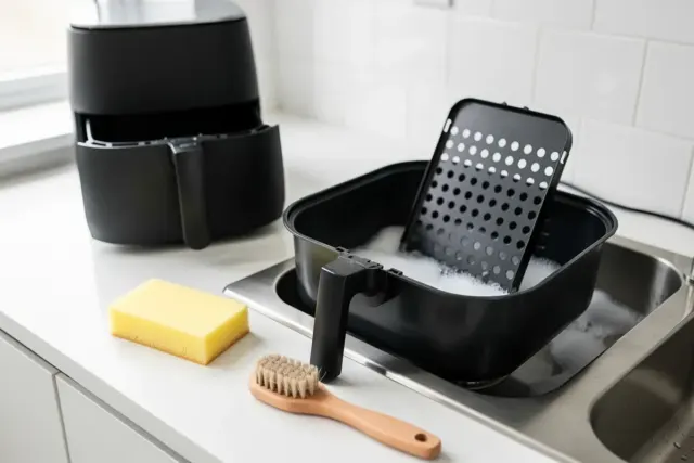 Heißluftfritteusen-Schublade mit Einlegegitter im Spülwasser, daneben Schwamm, Bürste und Grundgerät