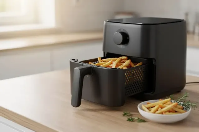 Heißluftfritteuse mit geöffneter Schublade voller Pommes auf heller Holzarbeitsplatte in moderner Küche