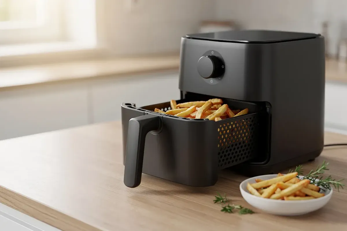 Heißluftfritteuse mit geöffneter Schublade voller Pommes auf heller Holzarbeitsplatte in moderner Küche