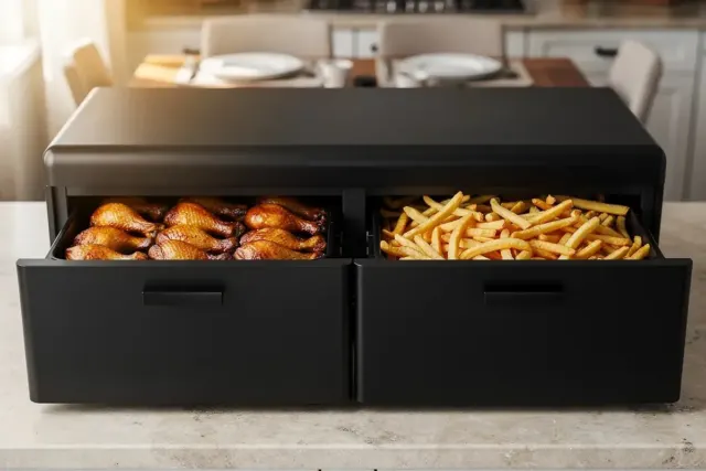 XXL-Heißluftfritteuse mit zwei offenen Schubladen voller Hähnchenschenkel und Pommes, dahinter Esstisch
