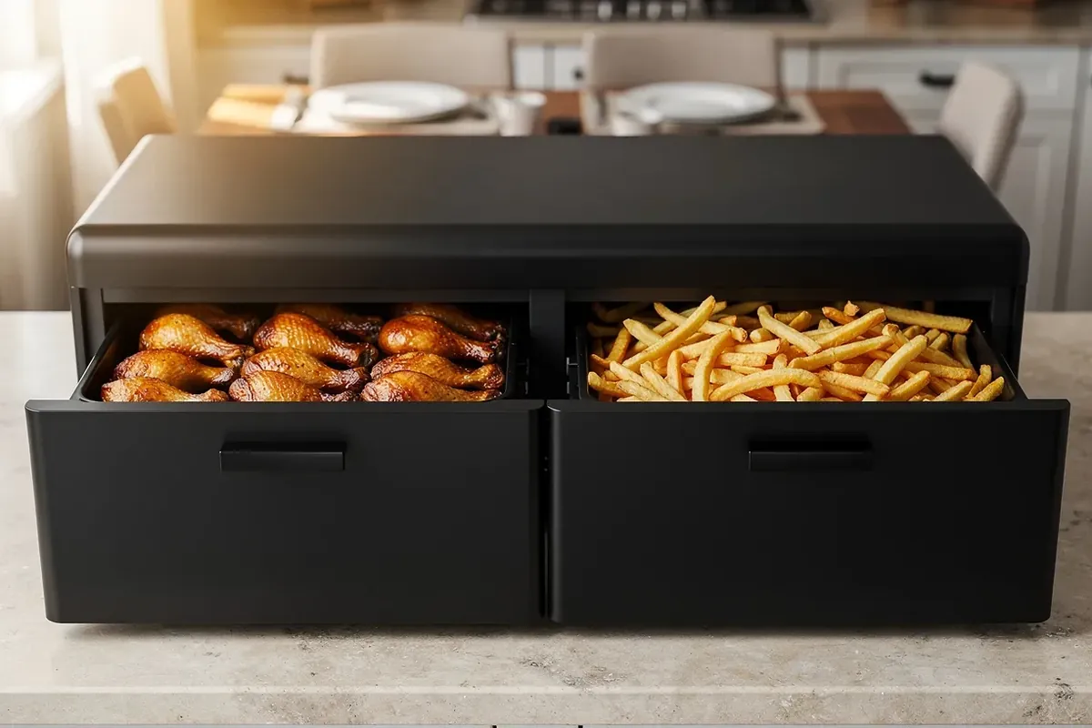 XXL-Heißluftfritteuse mit zwei offenen Schubladen voller Hähnchenschenkel und Pommes, dahinter Esstisch