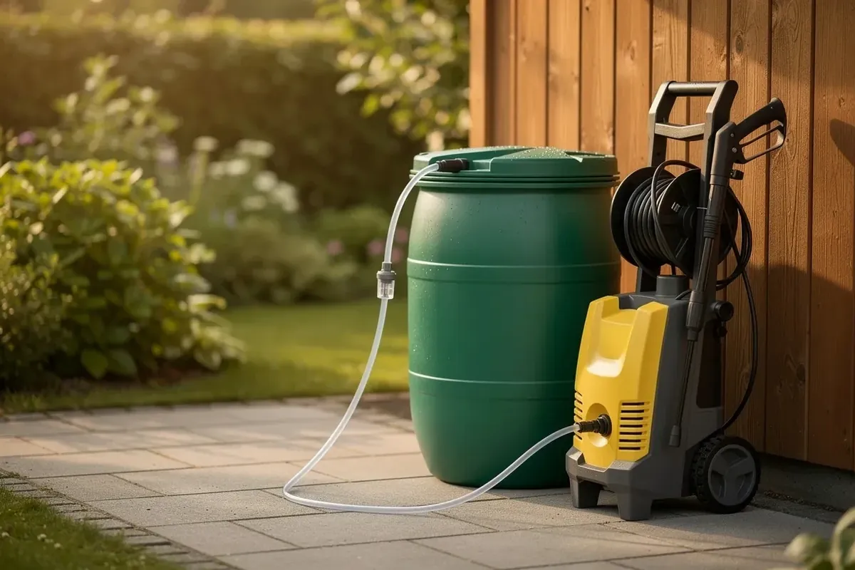 Hochdruckreiniger saugt per Schlauch mit Filter Wasser aus einer grünen Regentonne vor dem Gartenhaus an