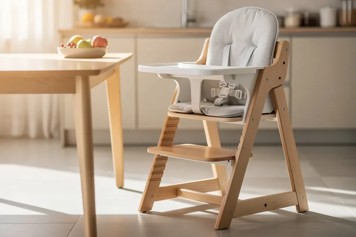 Mitwachsender Treppenhochstuhl aus Holz mit Babyaufsatz und Tablett in einer hellen Küche