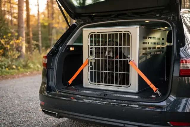 Aluminium-Hundebox mit Hund, mit Spanngurten im Kofferraum eines Kombis gesichert