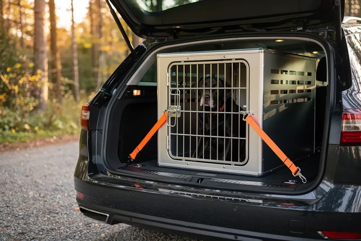 Aluminium-Hundebox mit Hund, mit Spanngurten im Kofferraum eines Kombis gesichert