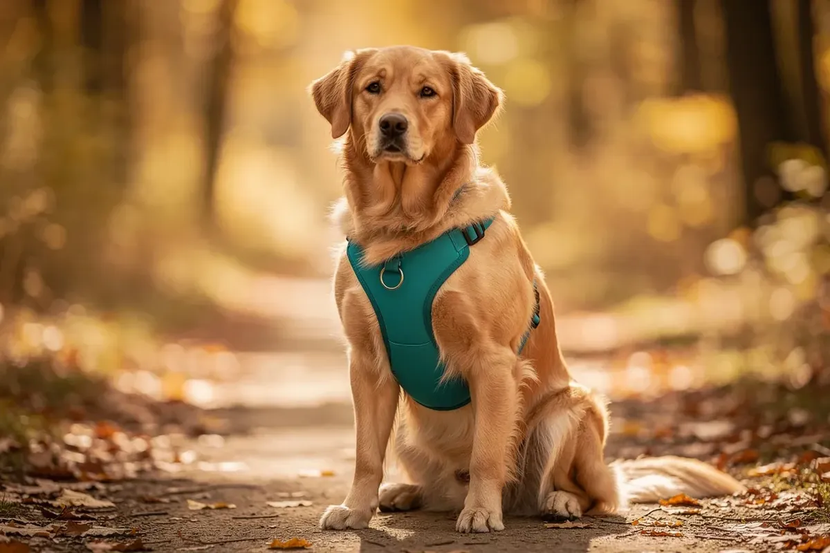 Golden Retriever mit gut sitzendem türkisem Brustgeschirr auf einem herbstlichen Waldweg
