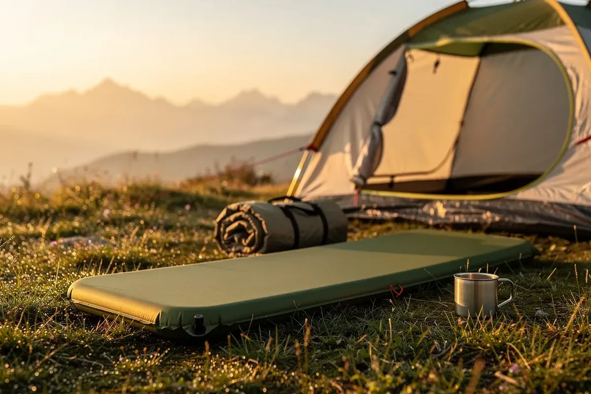 Grüne selbstaufblasende Isomatte vor einem Zelt auf einer Bergwiese bei Sonnenaufgang