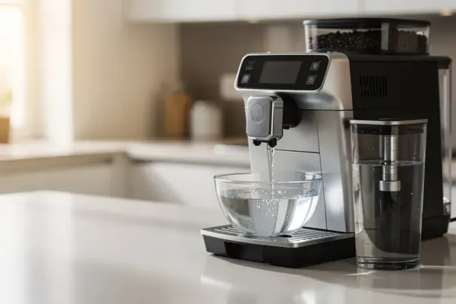 Kaffeevollautomat beim Entkalken mit Glasschüssel unter dem Auslauf, daneben der Wassertank
