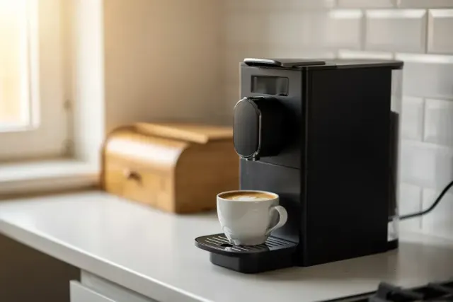 Schmaler, kompakter Kaffeevollautomat mit Espressotasse in kleiner Küche neben einem Brotkasten