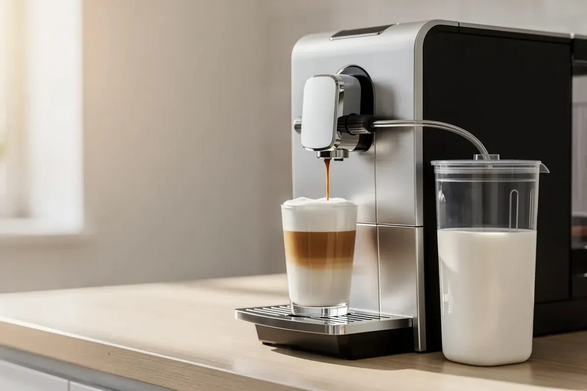 Kaffeevollautomat mit Milchbehälter und Schlauch bereitet einen Latte macchiato im hohen Glas zu