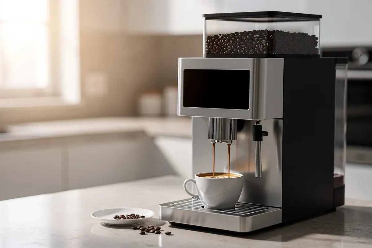 Kaffeevollautomat aus Edelstahl mit Bohnenbehälter bereitet Espresso in weißer Tasse in heller Küche zu