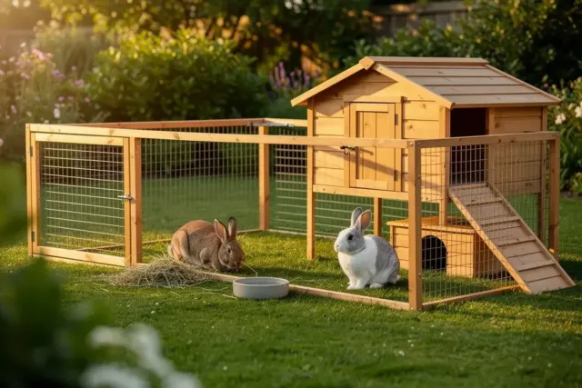Kaninchenstall aus Holz mit großem Freilaufgehege im Garten, darin zwei Kaninchen
