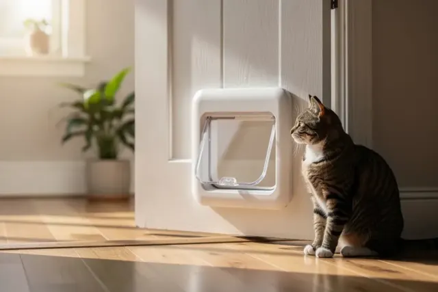 Weiße Katzenklappe mit Chip in einer Holztür, daneben sitzt eine getigerte Katze