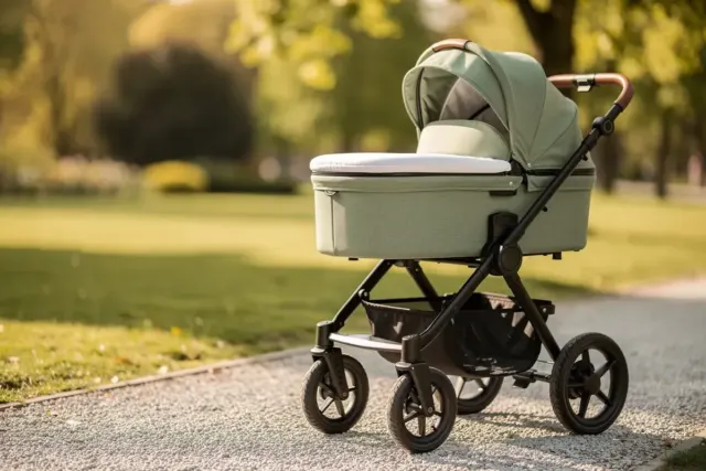 Kombikinderwagen mit salbeigrüner Babywanne und Luftreifen auf Kiesweg im sonnigen Park
