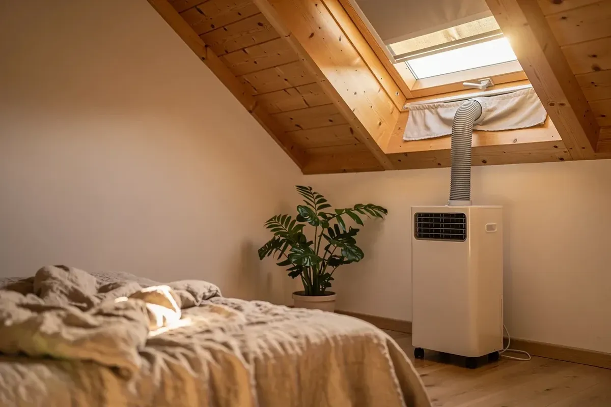 Mobile Klimaanlage mit Abluftschlauch zum Dachfenster in einem sonnigen Schlafzimmer unterm Dach