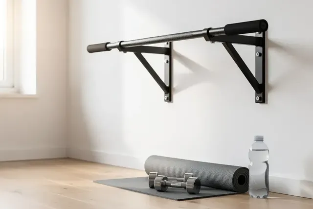 An der Wand verschraubte Klimmzugstange mit Schaumstoffgriffen, darunter Yogamatte und Hanteln