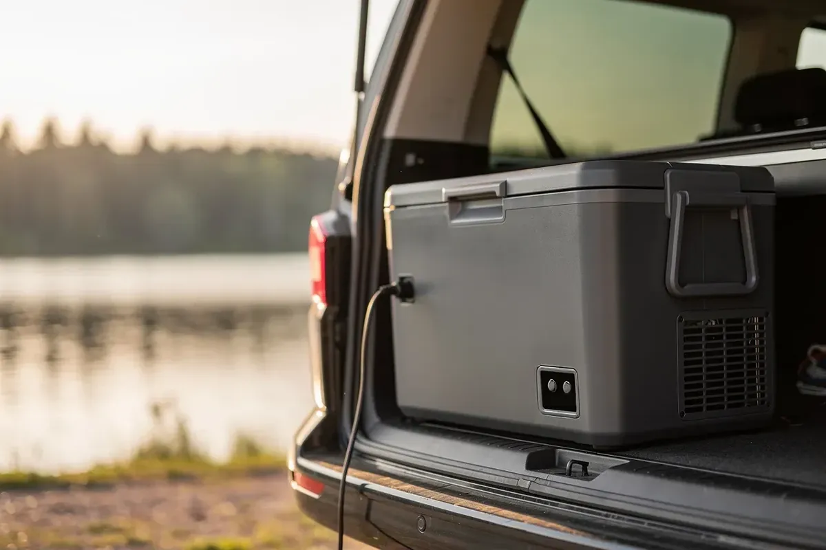 Graue Kompressor-Kühlbox mit Anschlusskabel im Kofferraum eines Campers am See