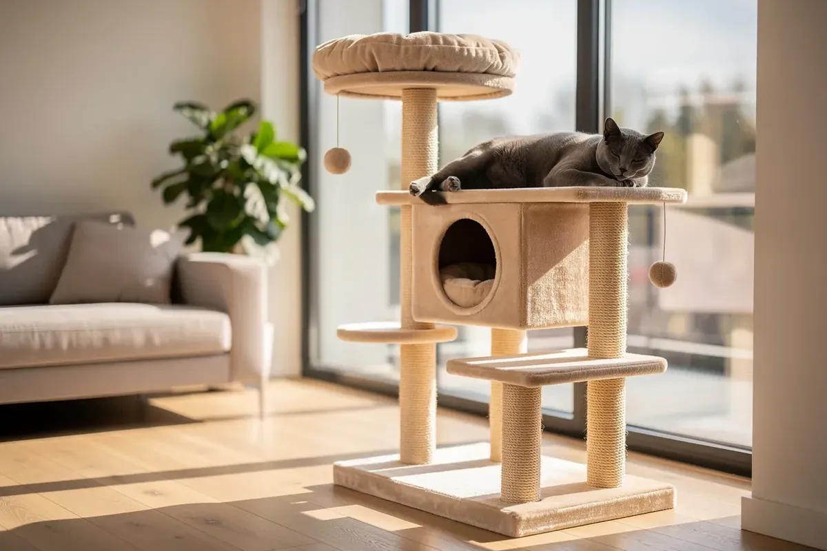 Kratzbaum mit Sisalstämmen, Höhle und Liegeplatz, graue Katze ruht auf einer Ebene