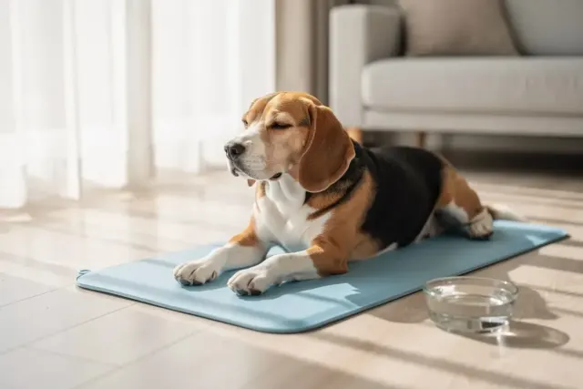 Beagle liegt entspannt auf einer hellblauen Kühlmatte für Hunde im sonnigen Wohnzimmer