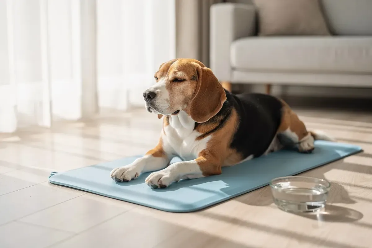 Beagle liegt entspannt auf einer hellblauen Kühlmatte für Hunde im sonnigen Wohnzimmer