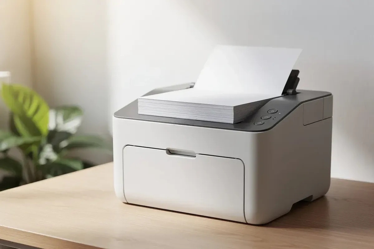 Weiß-grauer Laserdrucker mit Papierstapel auf einem Holzschreibtisch im hellen Homeoffice