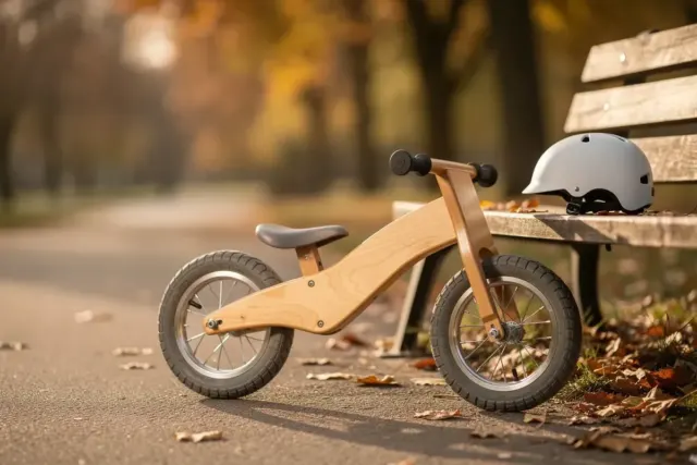 Kinderlaufrad aus Holz ohne Pedale auf einem Parkweg mit Herbstlaub, daneben ein Kinderhelm