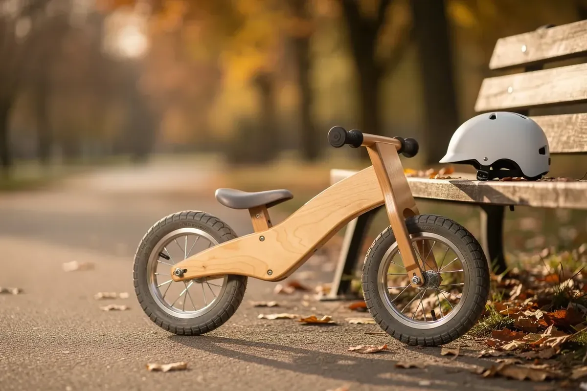 Kinderlaufrad aus Holz ohne Pedale auf einem Parkweg mit Herbstlaub, daneben ein Kinderhelm