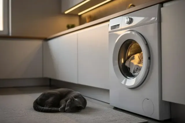 Weiße Frontlader-Waschmaschine in einer Küchenzeile am Abend, davor schläft eine graue Katze auf dem Teppich