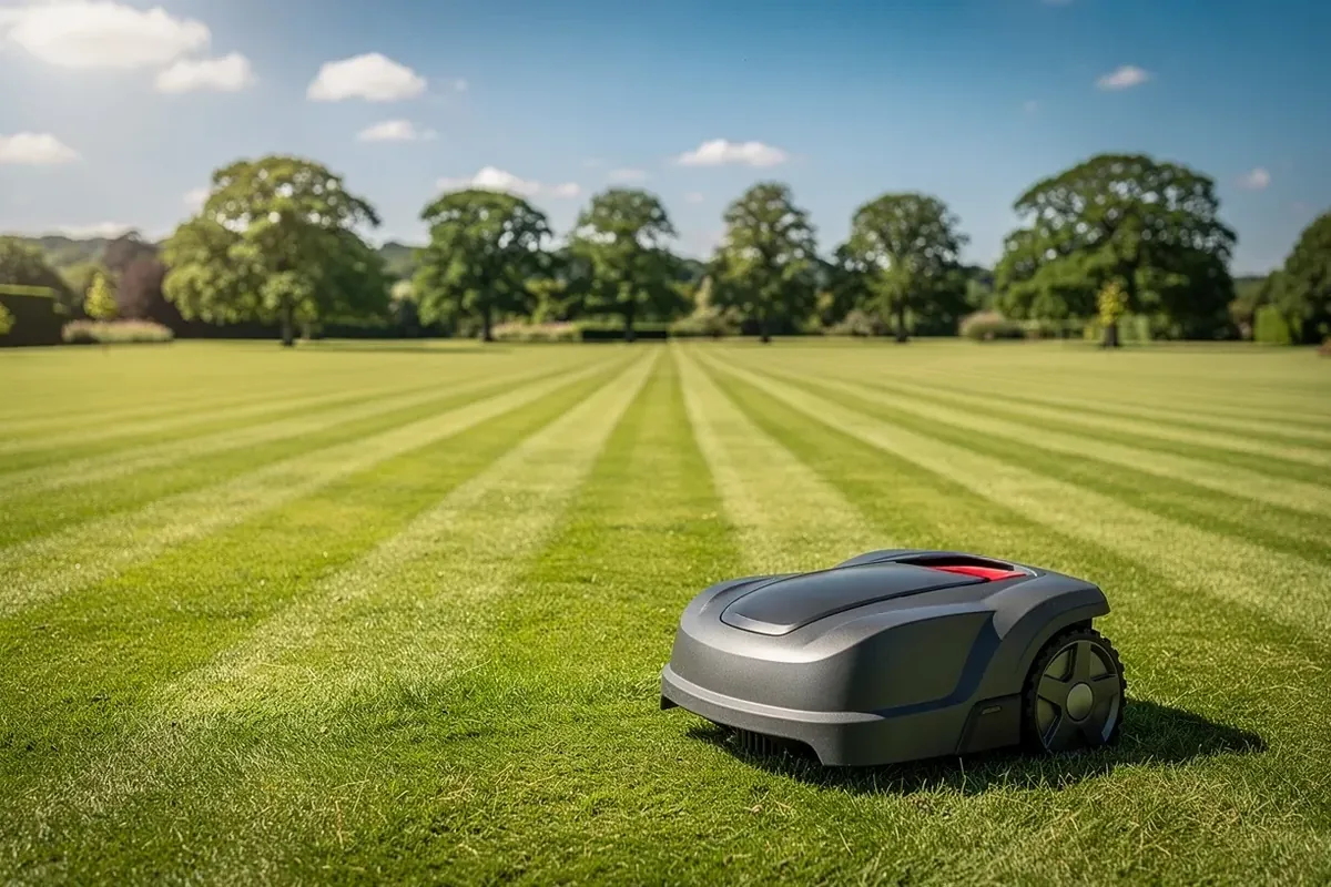 Grauer Mähroboter auf einer großen, frisch gestreift gemähten Rasenfläche mit Bäumen im Hintergrund