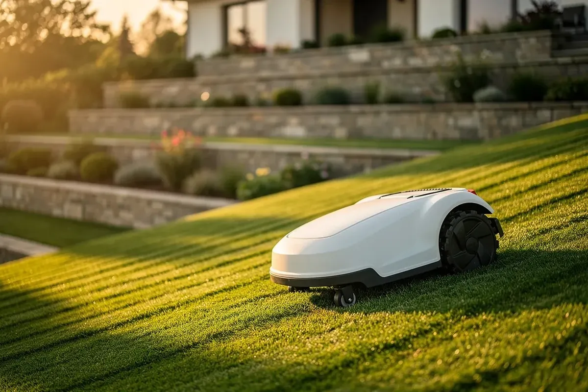 Weißer Mähroboter mit grobstolligen Hinterrädern auf einem steilen Rasenhang im Terrassengarten bei Abendsonne