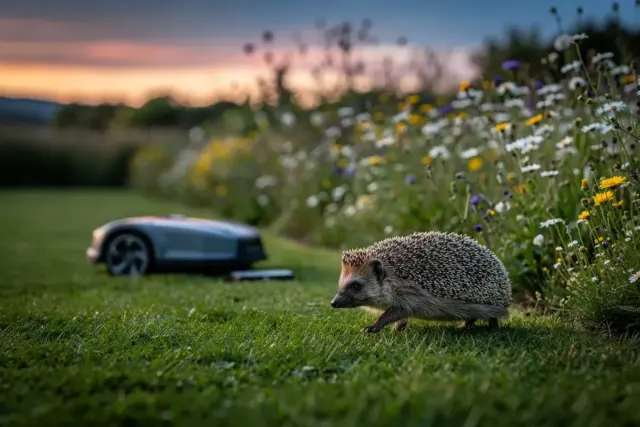 Igel läuft in der Dämmerung am Rasenrand neben Wildblumen, ein Mähroboter steht geparkt weit im Hintergrund