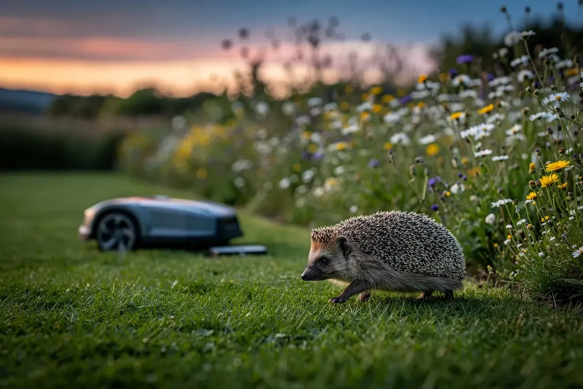 Igel läuft in der Dämmerung am Rasenrand neben Wildblumen, ein Mähroboter steht geparkt weit im Hintergrund