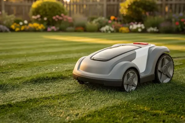 Grauer Mähroboter auf frisch gemähtem, gestreiftem Rasen im Garten mit Blumenbeeten
