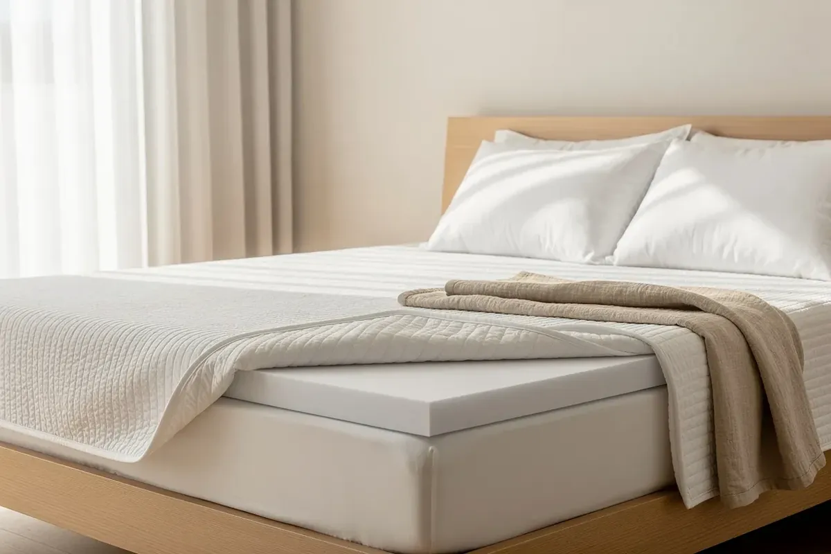 Matratzen-Topper aus Schaum mit zurückgeschlagenem Bezug auf einer Matratze im hellen Schlafzimmer