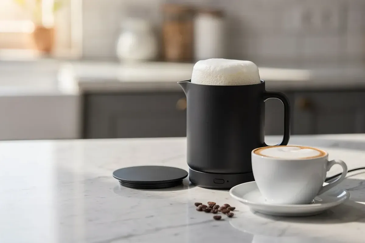 Elektrischer Milchaufschäumer mit Milchschaum auf der Basisstation, daneben ein Cappuccino