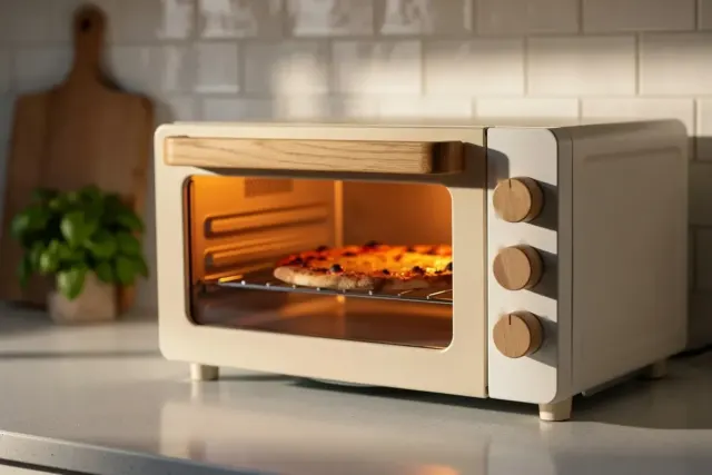 Cremeweißer Minibackofen mit Holzknöpfen, darin backt eine Pizza auf dem Rost