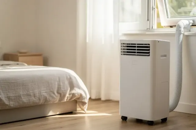 Mobile Monoblock-Klimaanlage mit Abluftschlauch zum gekippten Fenster im hellen Schlafzimmer