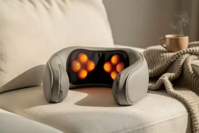 Shiatsu-Nackenmassagegerät mit leuchtenden Massageköpfen auf einem hellen Sofa