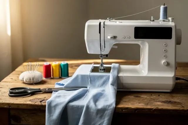 Weiße Computer-Nähmaschine mit hellblauem Stoff, Garnrollen und Schere auf Holztisch