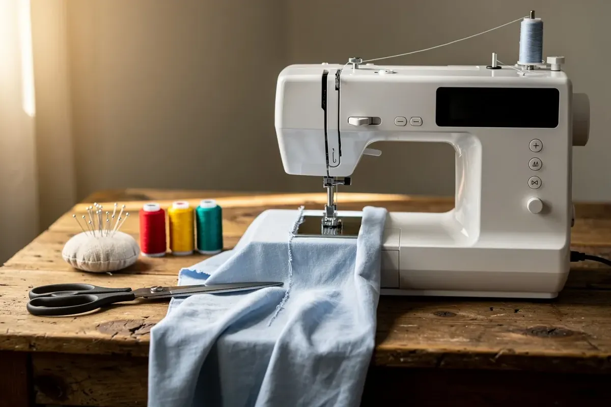 Weiße Computer-Nähmaschine mit hellblauem Stoff, Garnrollen und Schere auf Holztisch