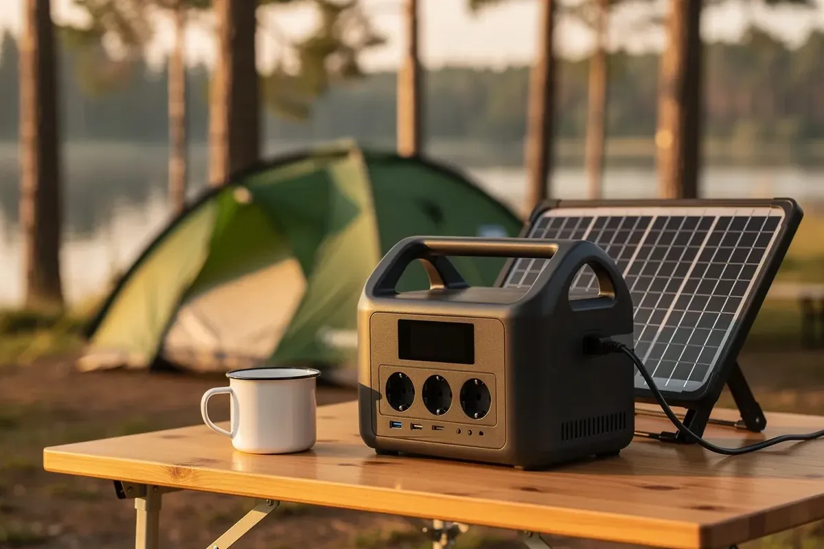 Powerstation mit Schuko-Steckdosen und Solarpanel auf einem Campingtisch vor dem Zelt am See