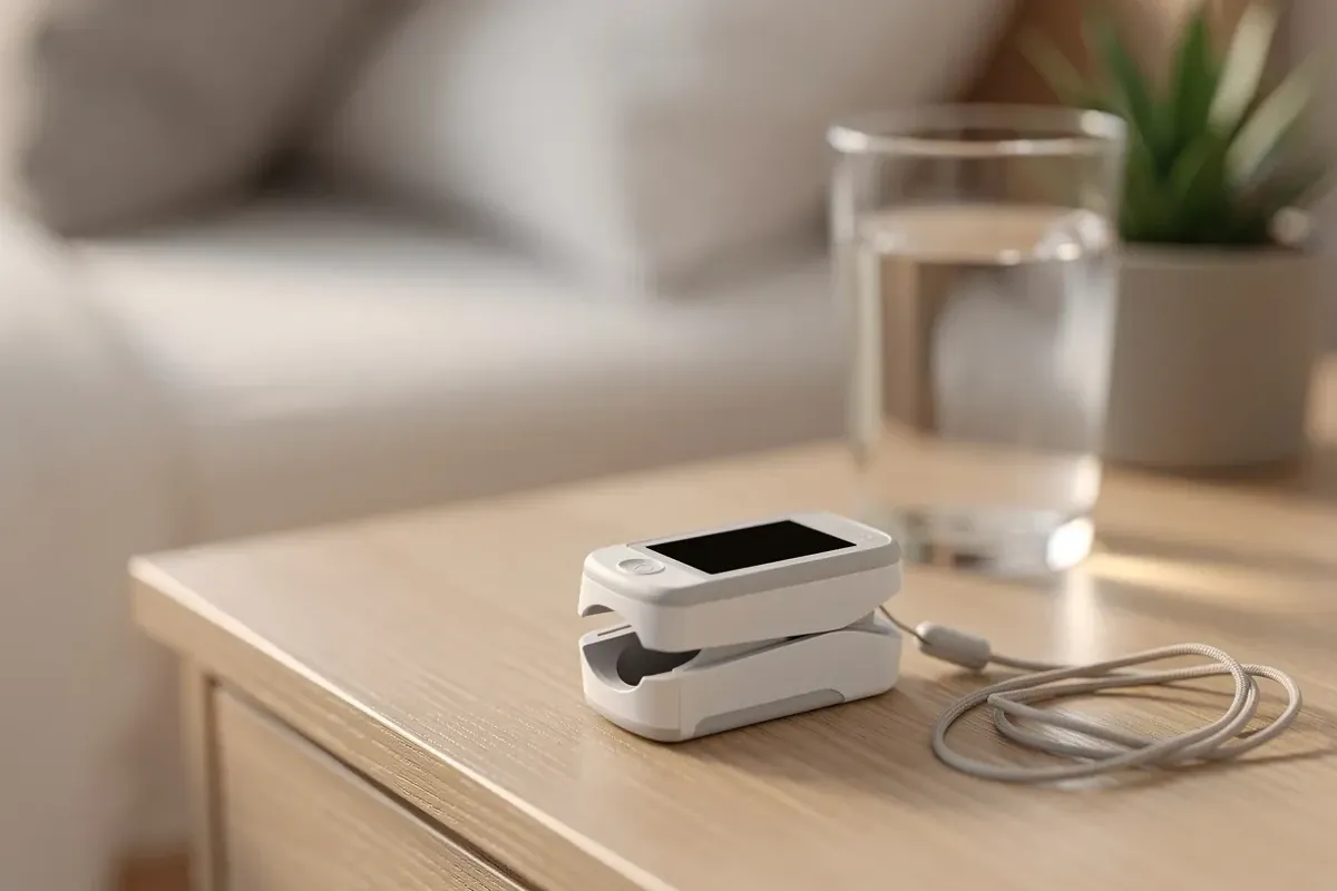 Fingerpulsoximeter mit ausgeschaltetem Display auf einem Nachttisch neben einem Wasserglas