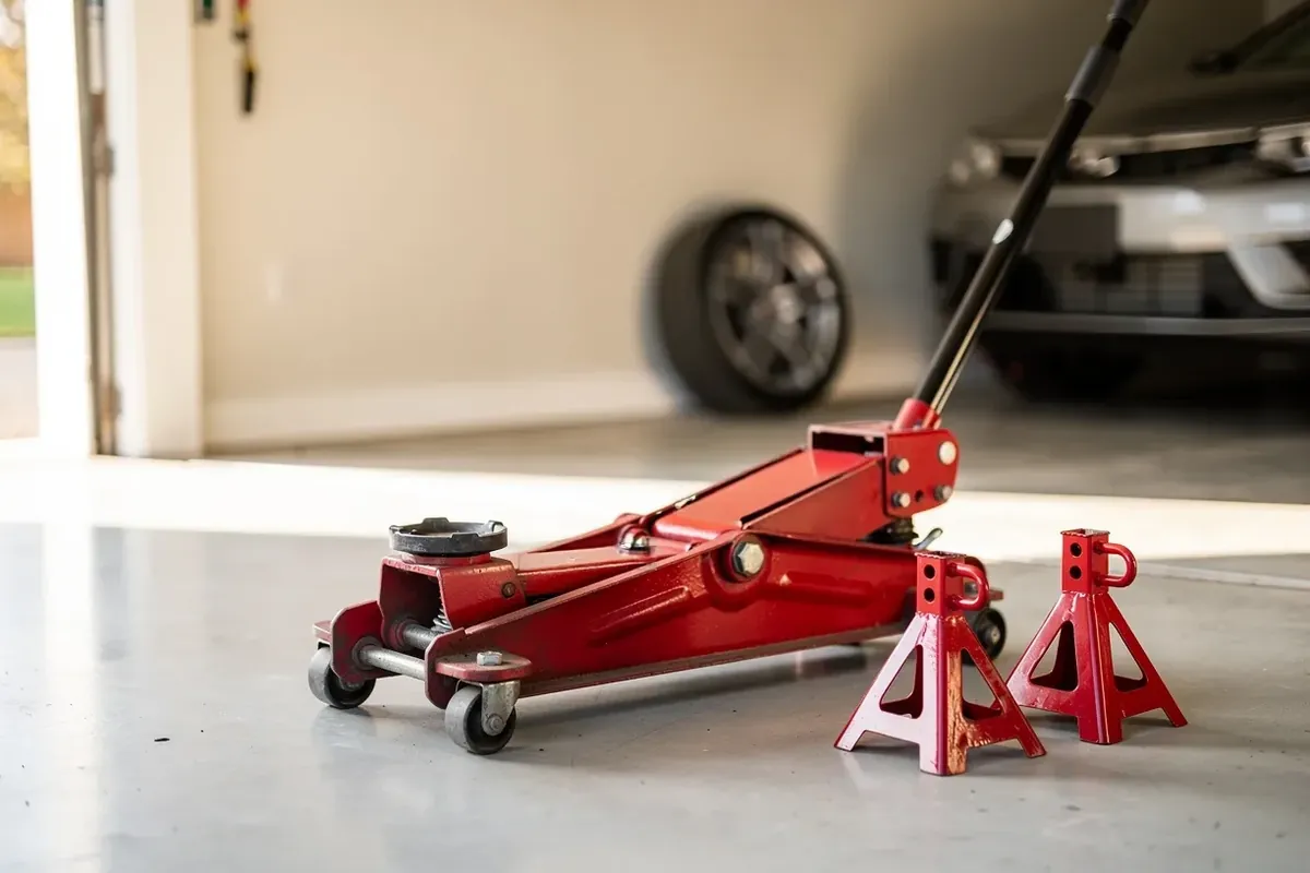 Roter Rangierwagenheber mit Pumphebel in der Garage, daneben zwei Unterstellböcke