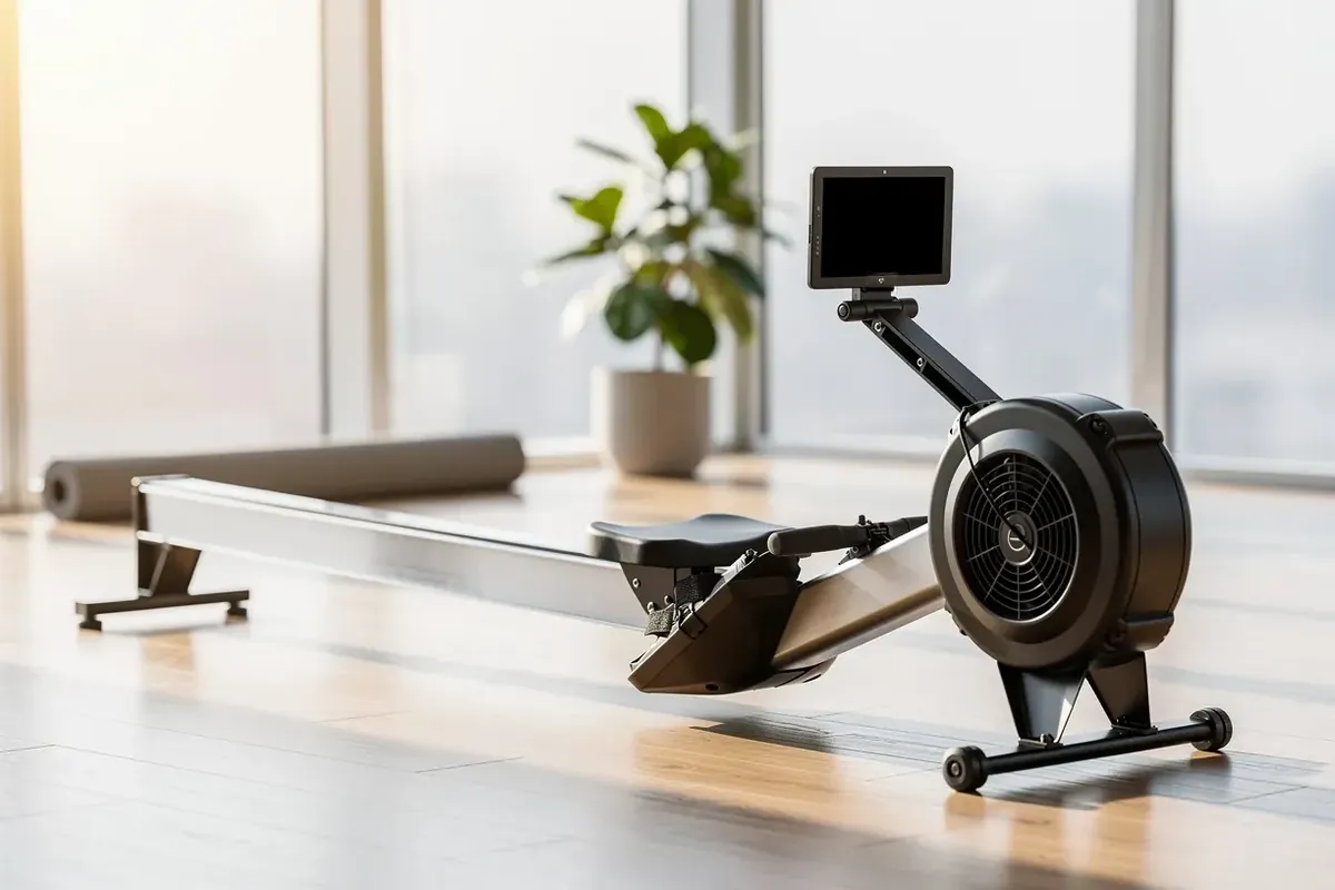 Rudergerät mit Luftwiderstand, Rollsitz und Monitor auf Holzboden im hellen Home-Gym