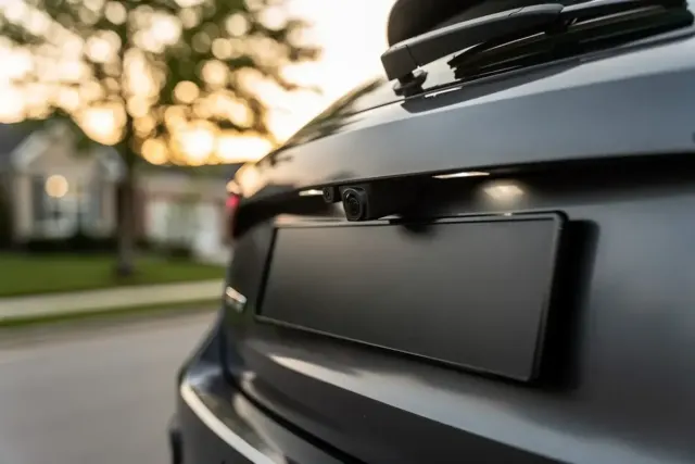 Kleine schwarze Rückfahrkamera über dem Kennzeichenhalter am Heck eines grauen Autos in der Abendsonne