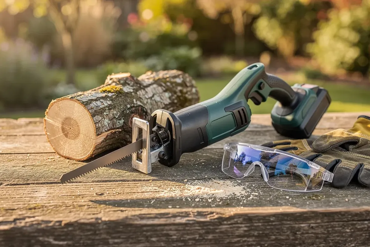 Akku-Säbelsäge mit Holzsägeblatt auf einer Werkbank, daneben ein gesägter Ast und Schutzbrille