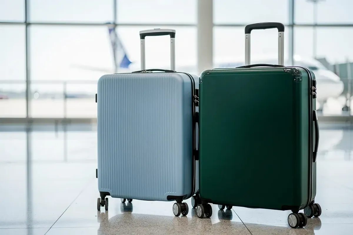 Zwei Hartschalenkoffer, hellblau gerippt und dunkelgrün glatt, nebeneinander im Flughafenterminal
