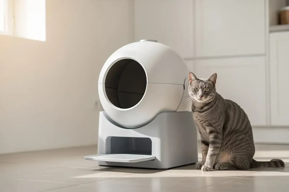 Selbstreinigendes Katzenklo mit runder Trommel, daneben sitzt eine graue Tigerkatze